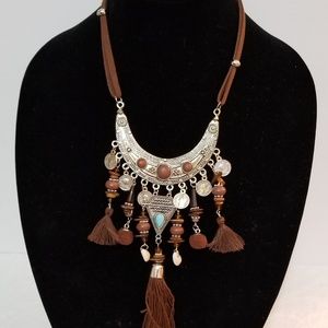 Brown  tasseled leather necklace